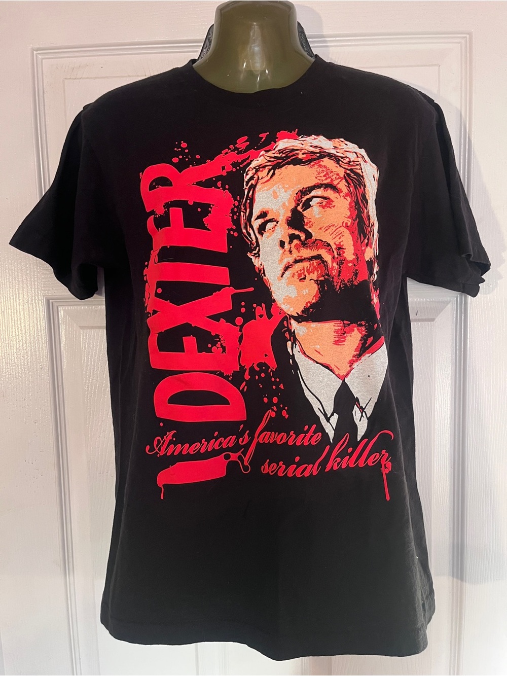 Dexter Black Tee with Red Portrait and Script